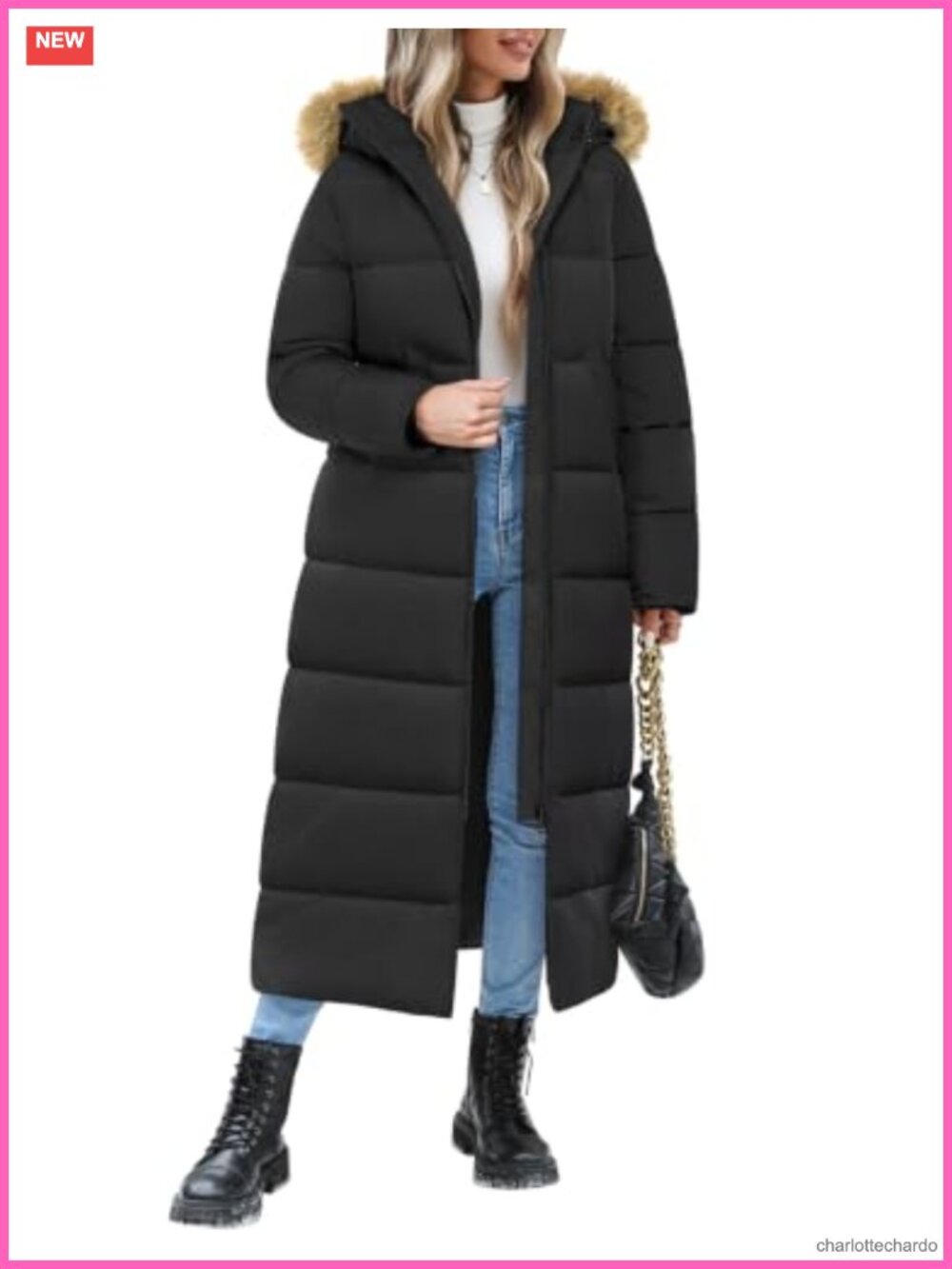 Women Long Puffer Coat Removable Faux Fur Hood Fleece Lined Quilted Winter